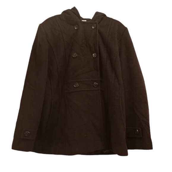 ST John's Bay Hooded Brown Double Front Button Closure Wool Jacket Coat Size XL - Picture 1 of 5